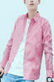 Pink and White Slim Stripe Single-Breasted Long Sleeve Men Shirt for Casual Party Office