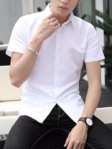 White Slim Pure Color Single-Breasted Men Shirt for Casual Office Party