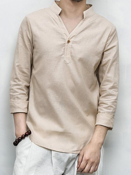 Beige Loose V Neck Pure Color Plus Size Long Sleeve Men Shirt for Casual