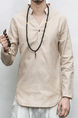 Beige Loose V Neck Pure Color Plus Size Long Sleeve Men Shirt for Casual