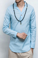 Blue Loose V Neck Pure Color Plus Size Long Sleeve Men Shirt for Casual