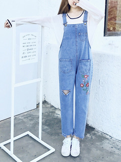 Blue Loose Strap Holes Embroidery Denim Pants Jumpsuit for Casual
