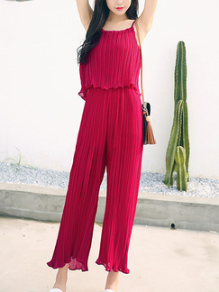 Red Chiffon Seem-Two Wide Leg Pleated Slip Jumpsuit for Casual Party