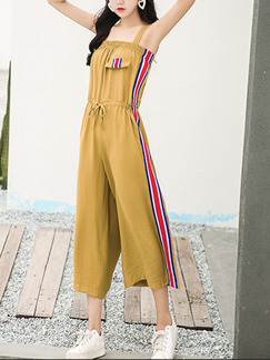 Brown Jumpsuit Wide Leg Contrast Linking Drawstring Jumpsuit for Casual