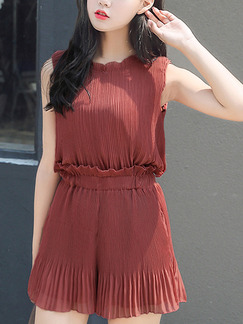 Brown Chiffon Two-Piece Pleated Ruffled Loose Plus Size Shorts Jumpsuit for Casual