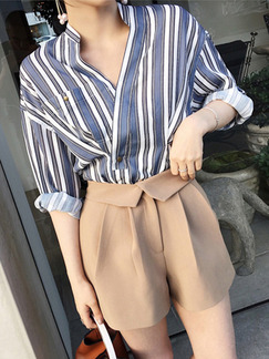 Blue White and Brown Two-Piece Slim Stripe V Neck Jumpsuit for Casual Office