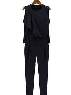 Black Chiffon Loose Jumpsuit Ruffled Buckled Adjustable Waist Jumpsuit for Casual Office Evening