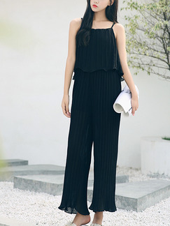 Black Chiffon Pleated Seem-Two Off-Shoulder Jumpsuit Wide leg Adjustable Waist Jumpsuit for Casual Office Evening