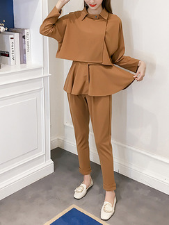 Brown A-Line Slim Lapel Pleated Buckled Long Sleeve Jumpsuit for Casual Office Evening