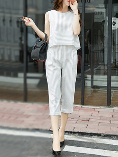 White Loose Two-Piece Linking Stripe Pants Jumpsuit for Casual Office Evening Party