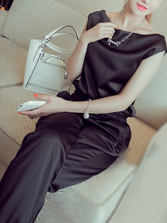Black Satin Loose Two-Piece Boat Neck Drawstring Jumpsuit for Casual Evening Party Office