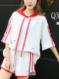 White and Red Knitted Plus Size Loose Two-Piece Contrast Linking Holes Hooded Jumpsuit for Casual