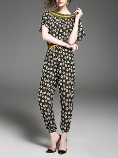 Colorful Chiffon Printed Jumpsuit Contrast Linking Ribbed Drawstring Off-Shoulder Jumpsuit for Casual Party
