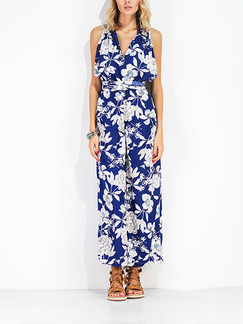 White and Blue Slim Jumpsuit V Neck Printed Adjustable Waist Wide Leg Open Back Floral Jumpsuit for Casual