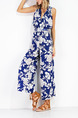 White and Blue Slim Jumpsuit V Neck Printed Adjustable Waist Wide Leg Open Back Floral Jumpsuit for Casual