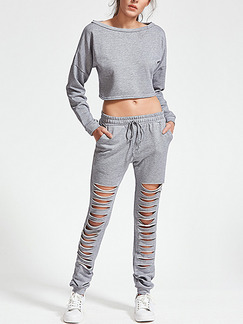 Grey Knitted Two-Piece Open Waist Holes Drawstring Long Sleeve Jumpsuit for Casual