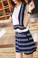 Blue and White Chiffon Slim Contrast Stripe Drawstring Two-Piece Wide Leg Jumpsuit for Casual Party