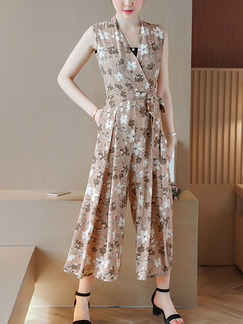 Brown Chiffon Plus Size Slim Printed V Neck Band Wide Leg Floral Jumpsuit for Casual Party