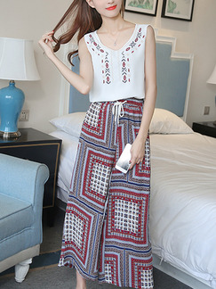 White Red Colorful Chiffon Two-Piece Contrast Printed Embroidery Wide Leg Drawstring Jumpsuit for Casual