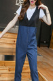 White Black and Blue Denim Jumpsuit Two-Piece V Neck Contrast Linking  Jumpsuit for Casual Office Party