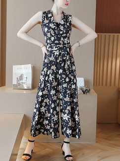 Blue Chiffon Plus Size Slim Printed V Neck Band Wide Leg Floral Jumpsuit for Casual Party