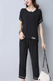 Black Plus Size Loose Adjustable Waist Round Neck Contrast Linking Tape Furcal Jumpsuit for Casual