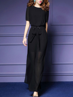 Black Slim Chiffon Siamese Wide Leg Furcal Band Round Neck Jumpsuit for Casual Party Evening