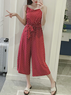 Red and White Polka Dot Slim Chiffon Sling Siamese Wide Leg Wave Point Band Open Back Jumpsuit for Casual Party