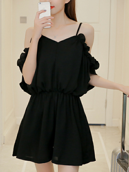 Black Loose Chiffon Sling Off-Shoulder Siamese Wide Leg Jumpsuit for Casual Party