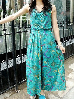 Blue Plus Size Loose Printed Siamese Wide Leg Sling V Neck Adjustable Waist Jumpsuit for Casual