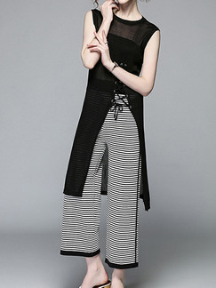 Black and Grey Two-Piece Round Neck Furcal Bandage Contrast Stripe Wide-Leg  Jumpsuit for Casual Party