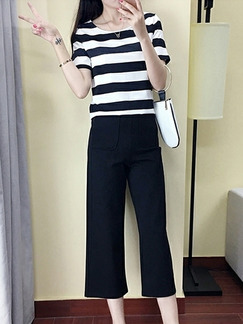 Black and White Two-Piece Plus Size Slim Contrast Stripe Round Neck Wide-Leg Pockets Jumpsuit for Casual Office Party