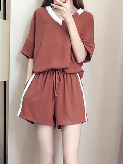 Brown Two-Piece Loose Contrast Linking V Neck Stripe Side Adjustable Waist Band Jumpsuit for Casual