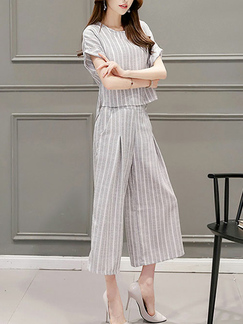 Grey and White Two-Piece Slim Contrast Stripe Round Neck Cuffs Wide-Leg Pockets Pants Jumpsuit for Party Evening Casual