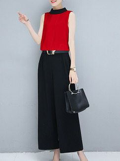 Red and Black Two-Piece Chiffon Contrast Linking Half High Collar Wide Leg Pockets Jumpsuit for Casual Party
