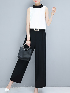White and Black Two-Piece Chiffon Contrast Linking Half High Collar Wide Leg Pockets Jumpsuit for Casual Party