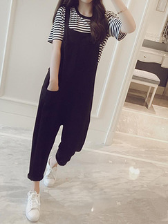 Black and White Loose Stripe Sling Siamese Two-Piece Plus Size Jumpsuit for Casual