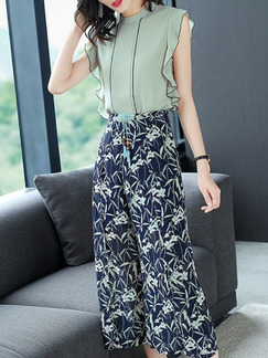 Light Green Slim Ruffle Printed Two-Piece Plus Size Jumpsuit for Casual Party