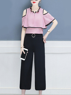 Pink and Black Slim Off-Shoulder Wide-Leg Two-Piece Plus Size Jumpsuit for Casual Party Office