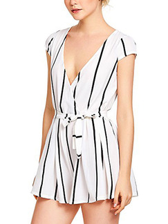 White Slim Contrast Stripe Band Siamese V Neck Jumpsuit for Casual Party