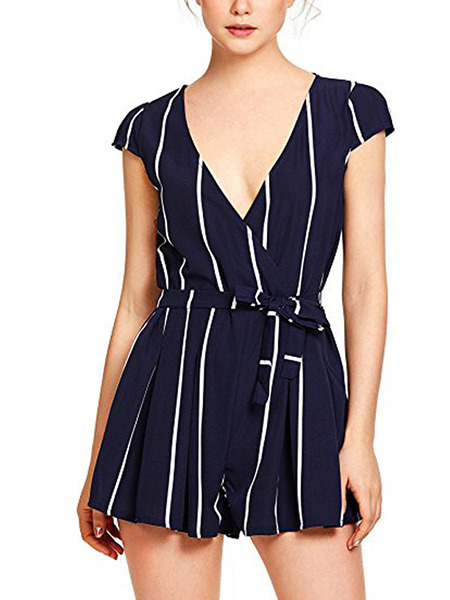 Blue Slim Contrast Stripe Band Siamese V Neck Jumpsuit for Casual Party