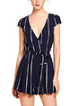 Blue Slim Contrast Stripe Band Siamese V Neck Jumpsuit for Casual Party