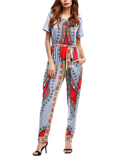 Gray Colorful Loose Printed Band Siamese Jumpsuit for Casual Party