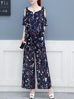 Colorful Loose Printed Off-Shoulder Wide-Leg Two-Piece Pants Jumpsuit for Casual Party Evening