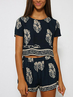 Blue Loose Printed Wide-Leg Two-Piece Shorts Jumpsuit for Casual Party