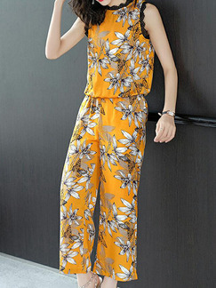 Orange Black and White Slim Printed Wide-Leg Two-Piece Pants Floral Jumpsuit for Casual Party