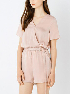Pink Slim Band Wide-Leg Siamese Shorts V Neck Jumpsuit for Casual Party