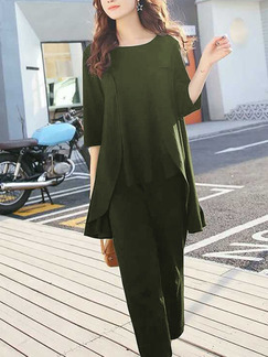 Army Green Loose Pure Color Two-Piece Pants Jumpsuit for Casual Party