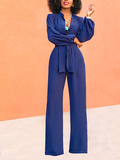 Navy Blue Slim Band Wide-Leg Siamese V Neck Long Sleeve Jumpsuit for Party Evening Cocktail