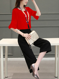 Red and Black Slim Flare Sleeve Wide-Leg Two-Piece Pants Jumpsuit for Casual Party Office Evening